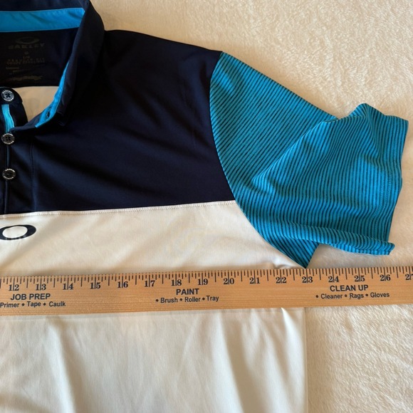 Mens Oakley Polo Shirt L Blue White Striped Golf Athletic Performance Stretch - Picture 3 of 6